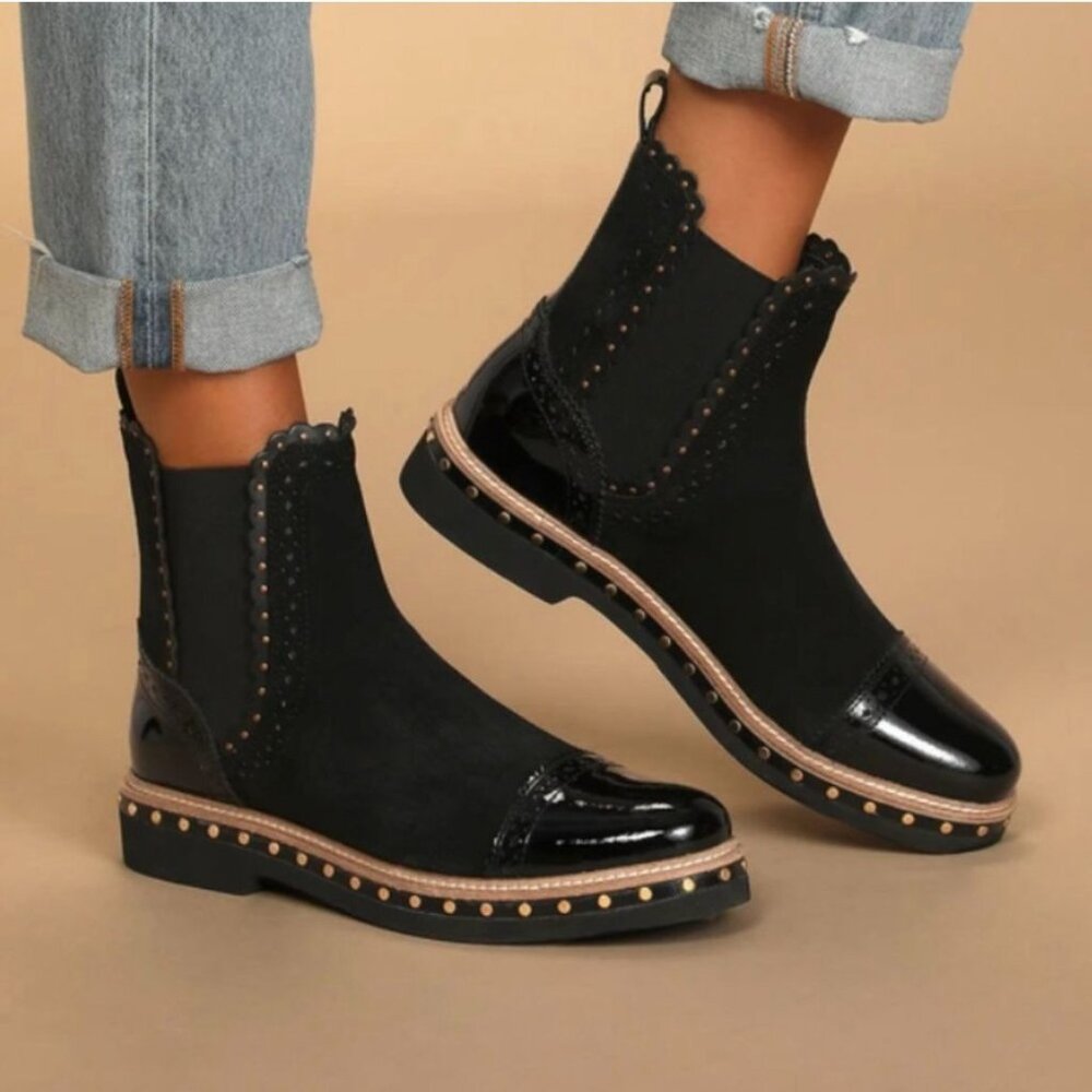 Free People Atlas Black Suede Leather Studded Chelsea Moto Ankle Boots - Picture 7 of 15